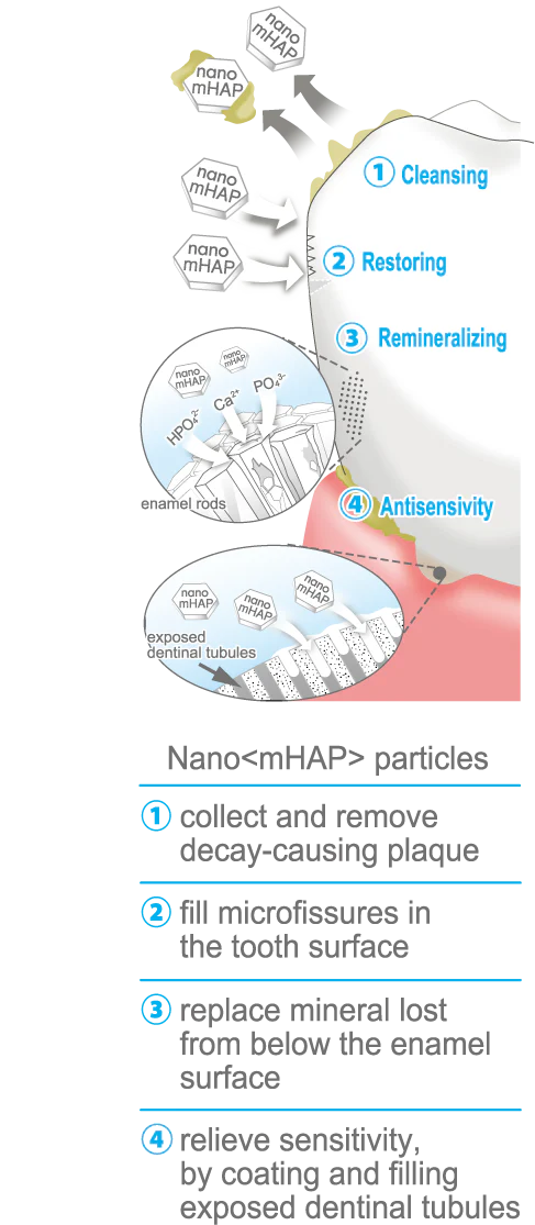 Diagram of dental care process with Nano<mHAP> particles and their functions.