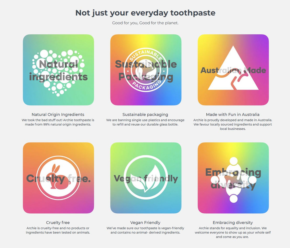 Graphic showing the benefits of Archie Natural Toothpaste