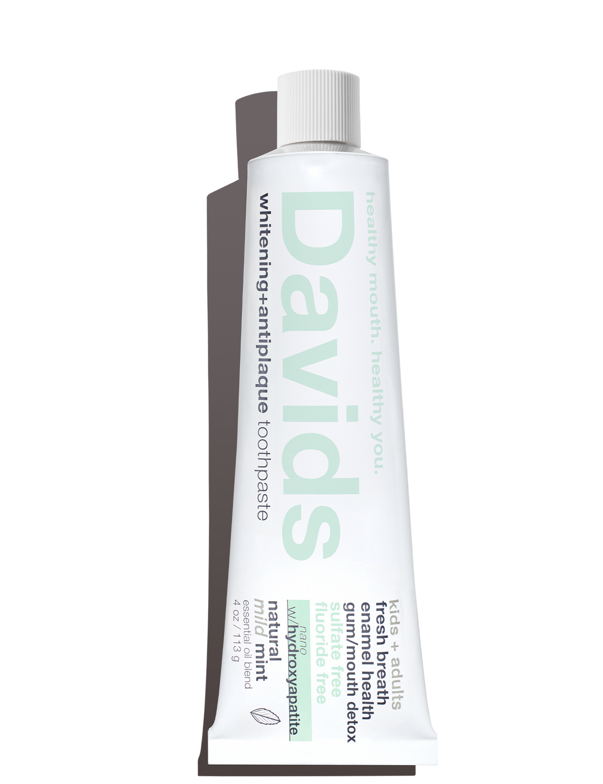 Front close up shot of Davids Natural Toothpaste with nano hydroxyapatite - mild mint