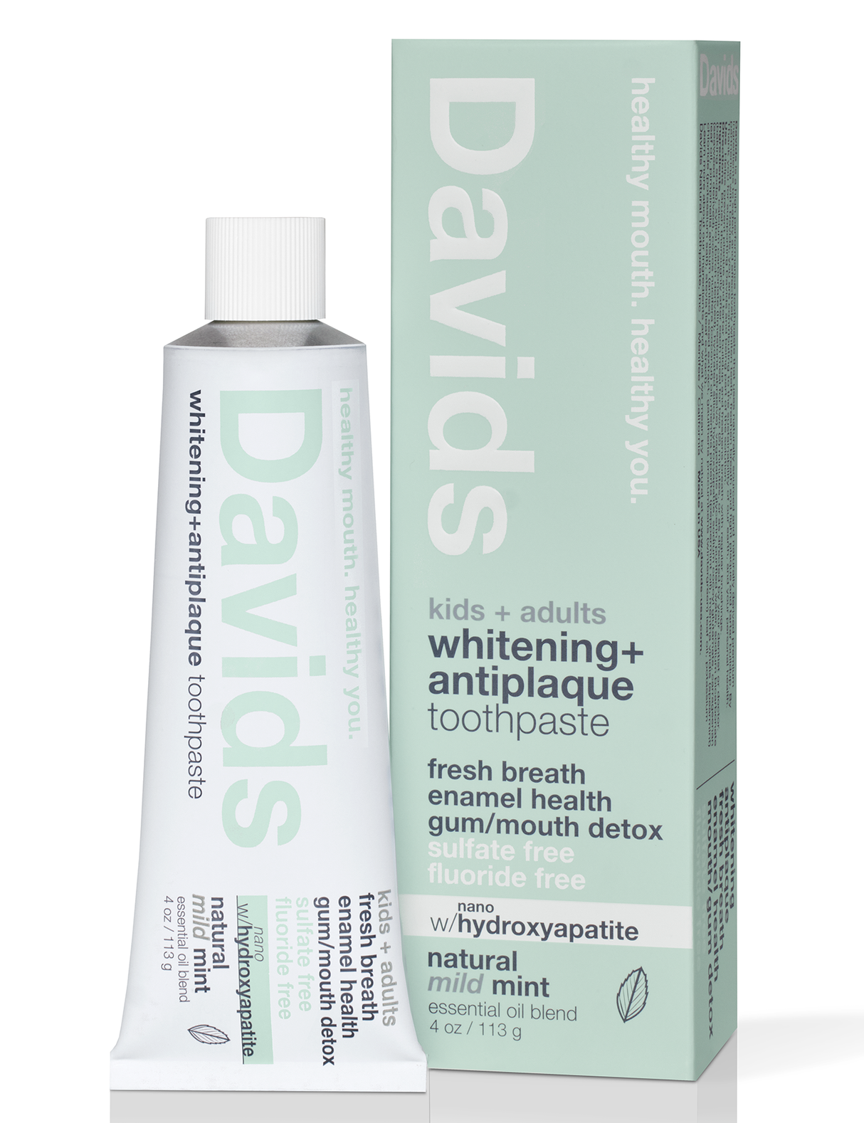 Close up of Davids Natural Toothpaste with nano hydroxyapatite - mild mint, packaging and tube
