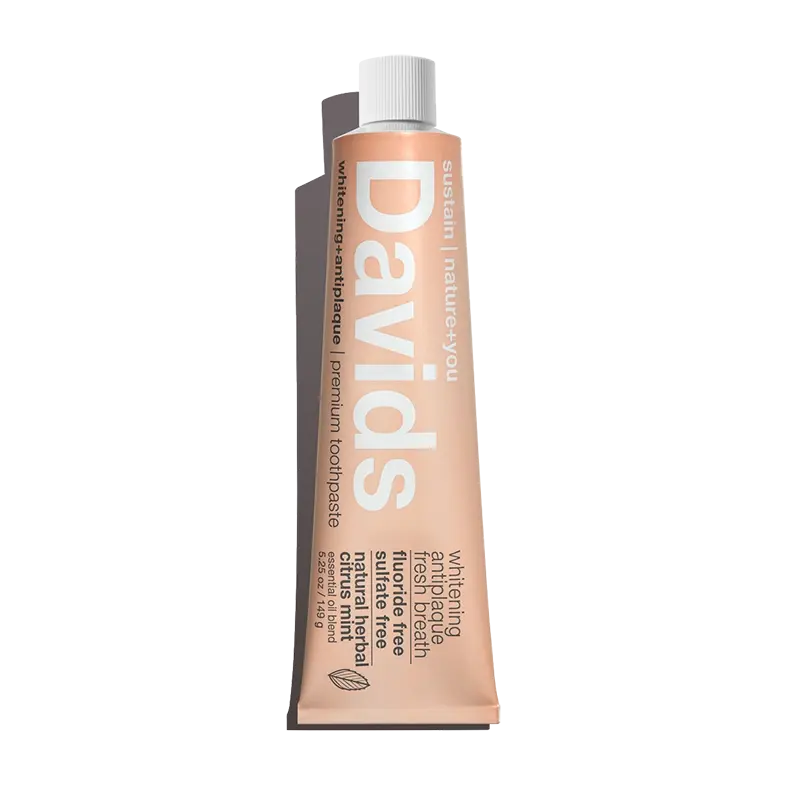 Davids natural citrus mint toothpaste tube on a white background