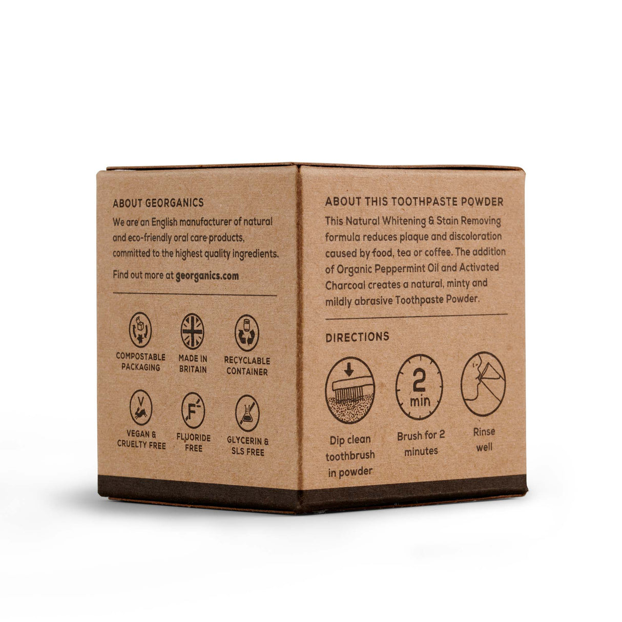 Georganics Natural Organic Toothpaste Powder - Activated Charcoal, eco friendly packaging, side and back view