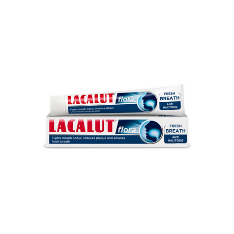 Two Lacalut flora toothpaste tubes on a white background