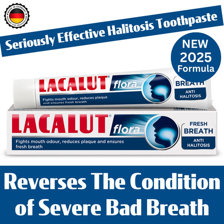 Lacalut flora toothpaste packaging with text about halitosis treatment.