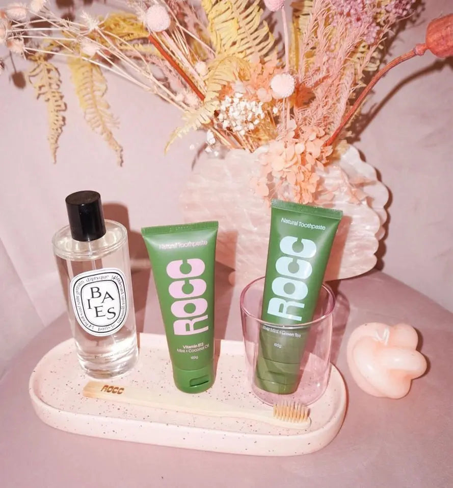 ROCC Natural Toothpaste, River Mint + Green Tea display