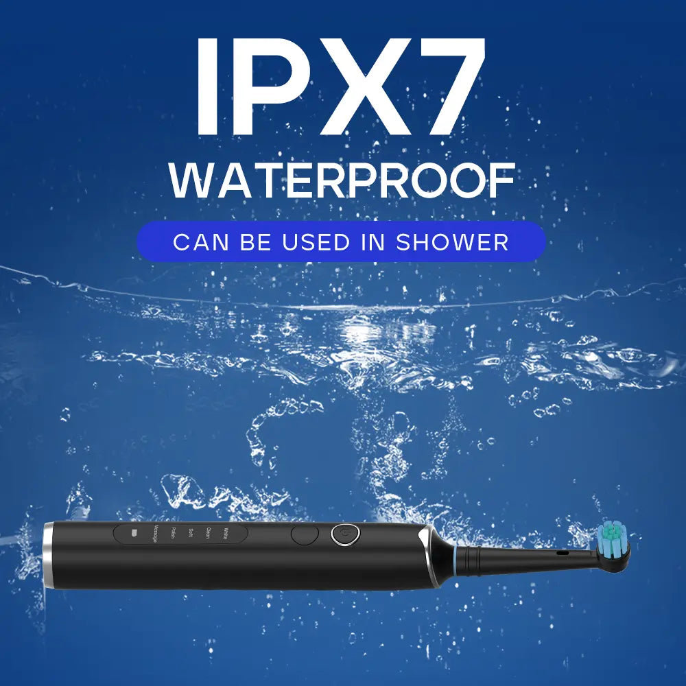 Picture of an electric toothbrush submerged in water showing its waterproof features