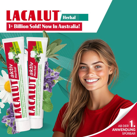 Lacalut Herbal toothpaste with a woman in a red shirt against a green background