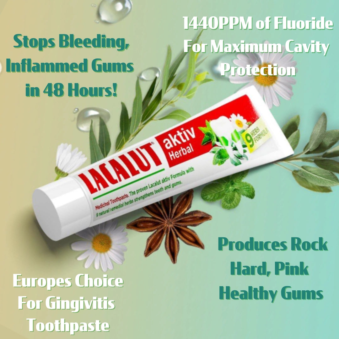 Lacalut aktiv Herbal toothpaste tube with natural elements on a light green background