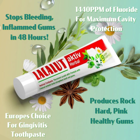 Lacalut aktiv Herbal toothpaste tube with natural elements on a light green background