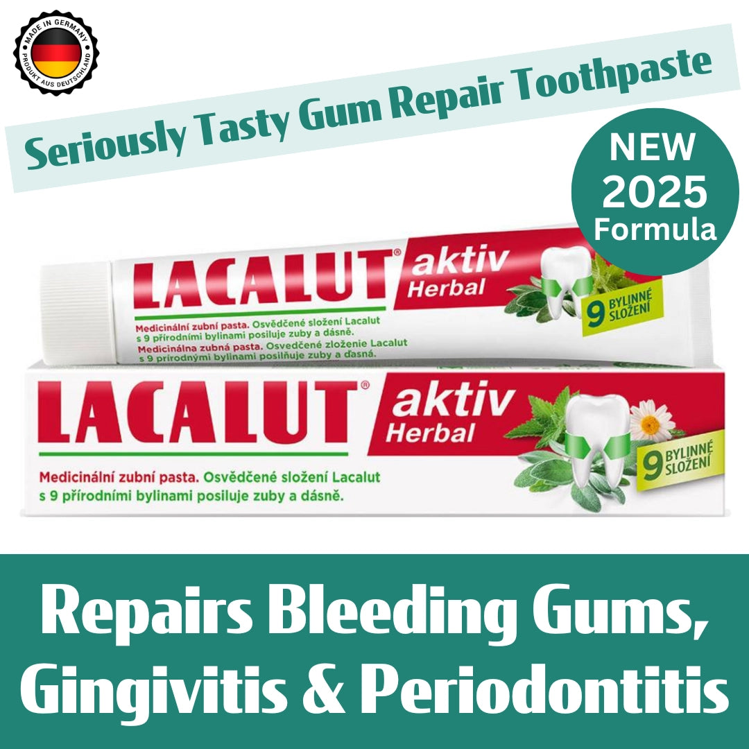 Lacalut aktiv Herbal toothpaste packaging with text highlighting benefits and new formula.