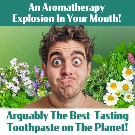 Person with a surprised expression surrounded by flowers and plants with text about aromatherapy toothpaste.
