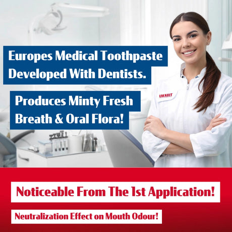 Woman in dental uniform with promotional text about Europe's Medical Toothpaste in a dental office setting.