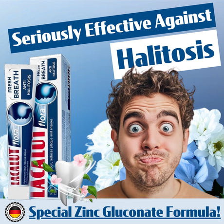 Lacalut toothpaste advertisement promoting effectiveness against halitosis.