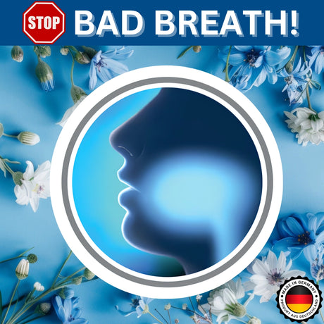 Promotional graphic for bad breath relief with flowers and a silhouette of a face on a blue background.