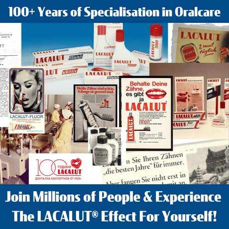 Collage of Lacalut dental products and advertisements spanning multiple years with a focus on oralcare.