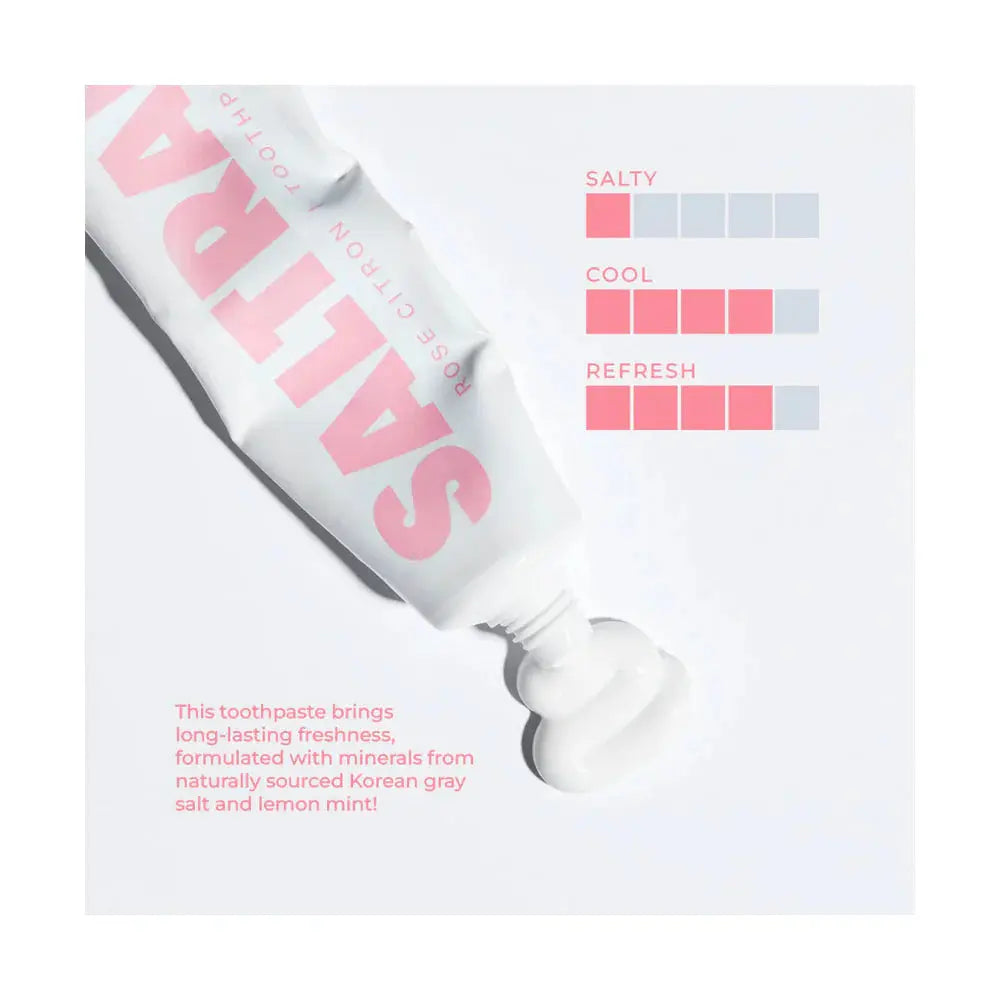 A tube of Saltrain Rose Citron toothpaste against a grey background with product information