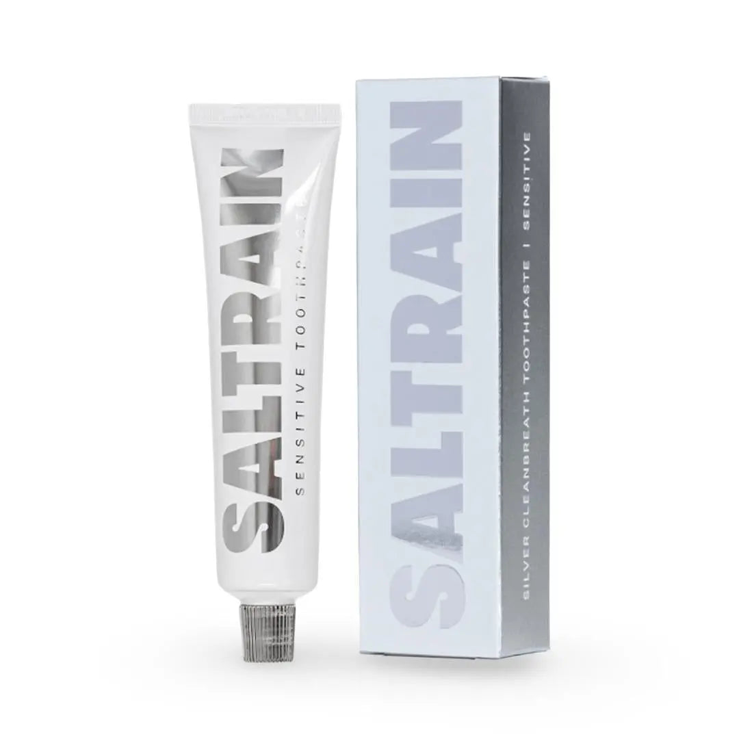 Saltrain sensitive toothpaste tube and packaging on a white background