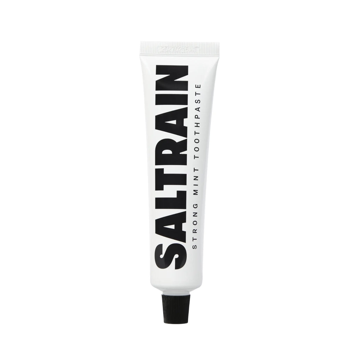 Saltrain Strong Mint toothpaste tube on a white background