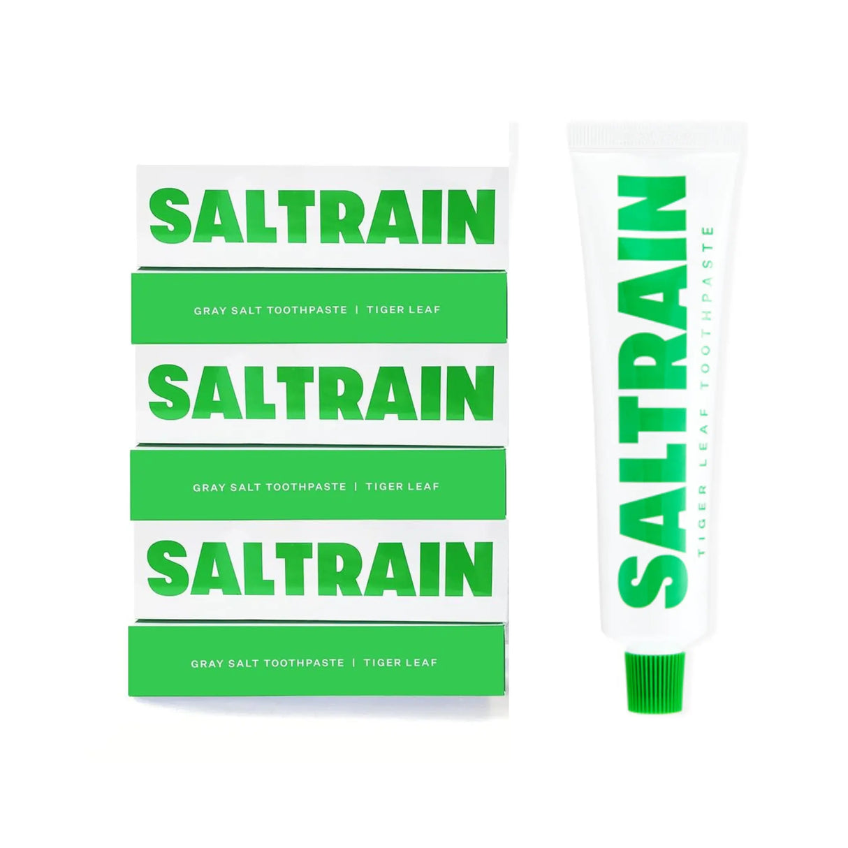 Saltrain toothpaste packaging with green and white design on a white background