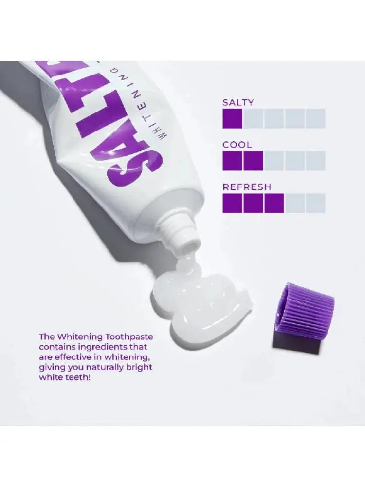 Toothpaste tube with purple cap and text on a white background