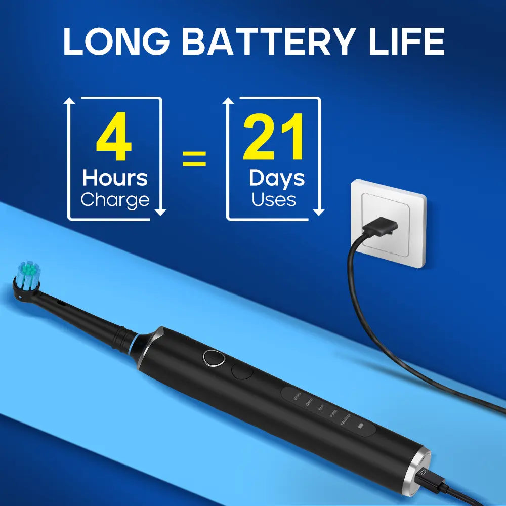 Picture of an electric toothbrush being charged against a blue background showing its battery life
