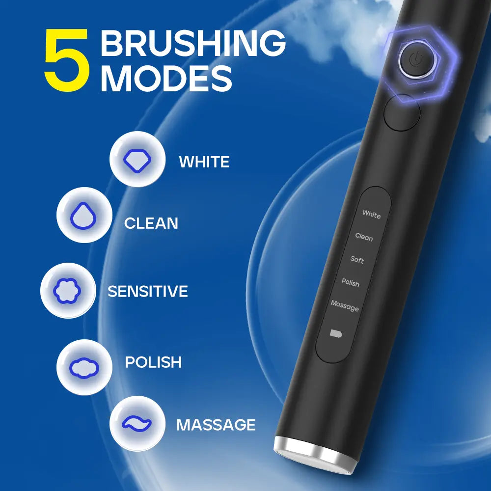 Electric toothbrush handle showing five different brushing modes