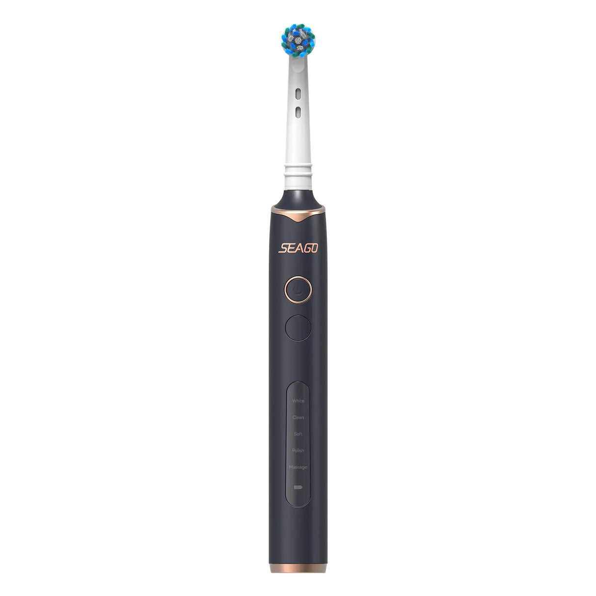 An electric toothbrush with a green and blue brush head, featuring text that highlights its 360-degree surround capability and deep cleaning action.