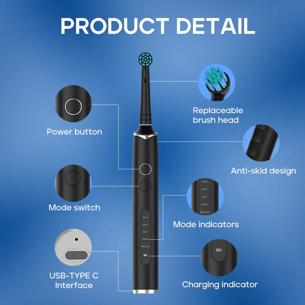 Electric toothbrush against a blue background showing all product features