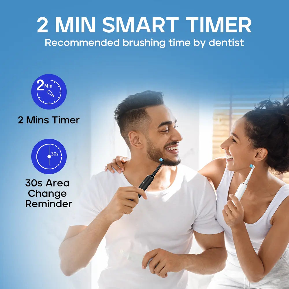 Picture of two people using an electric toothbrush showing its smart timing features