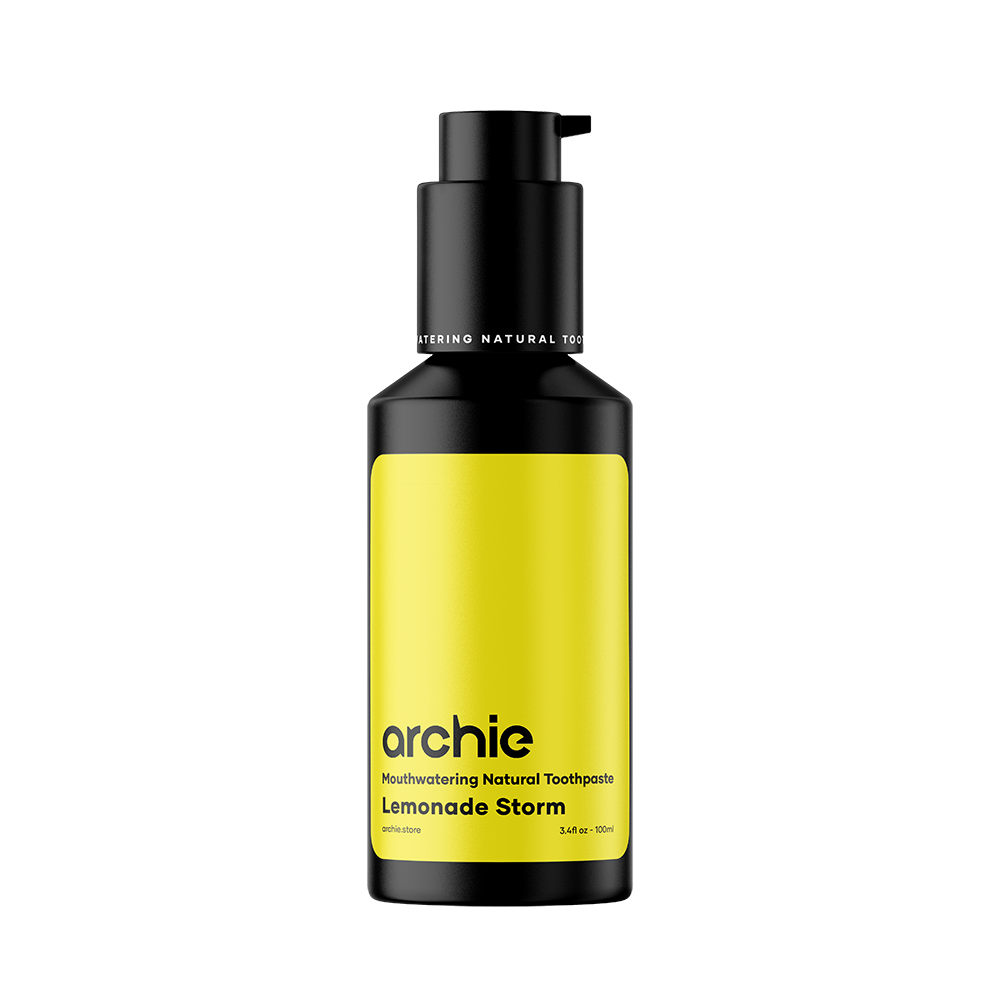 Archie Natural Toothpaste with Fluoride Lemonade Storm flavour bottle close up