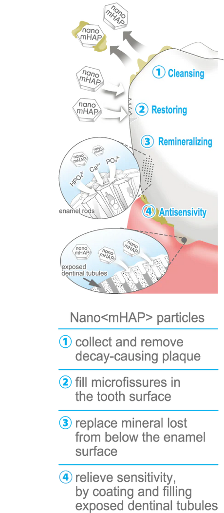 Diagram of dental care process with Nano<mHAP> particles and their functions.