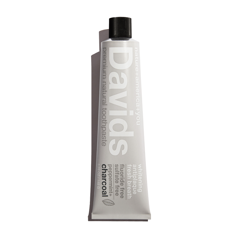 Close up of Davids Premium Natural Toothpaste - Charcoal and Peppermint toothpaste tube