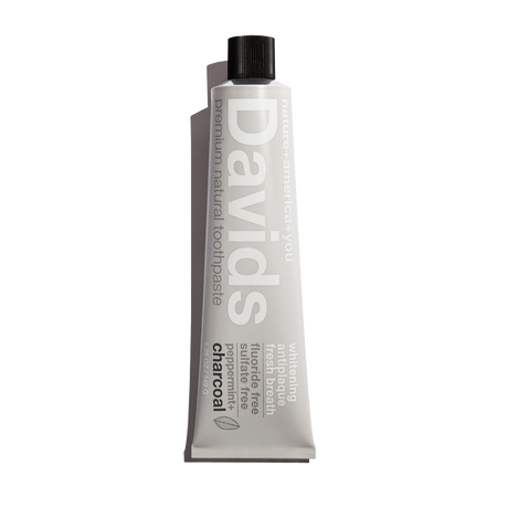 Close up of Davids Premium Natural Toothpaste - Charcoal and Peppermint toothpaste tube