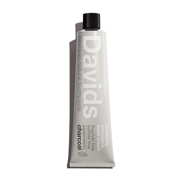 Close up of Davids Premium Natural Toothpaste - Charcoal and Peppermint toothpaste tube