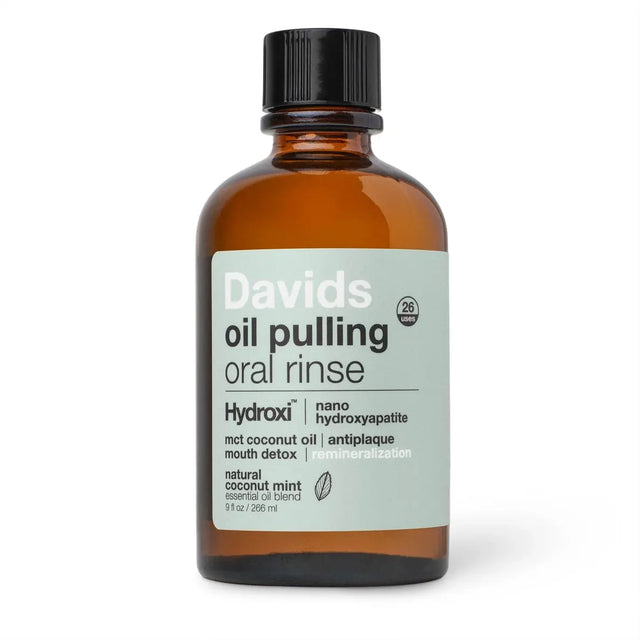 Davids oil pulling oral rinse bottle on a white background