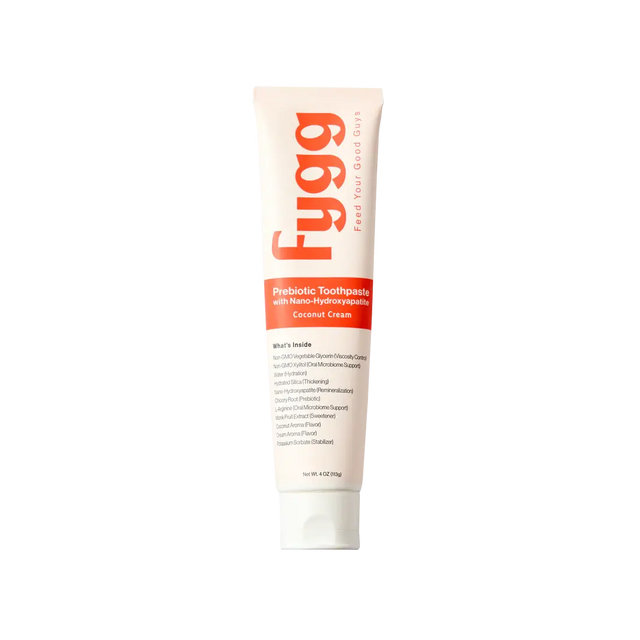Fygg coconut cream probiotic toothpaste tube on a white background
