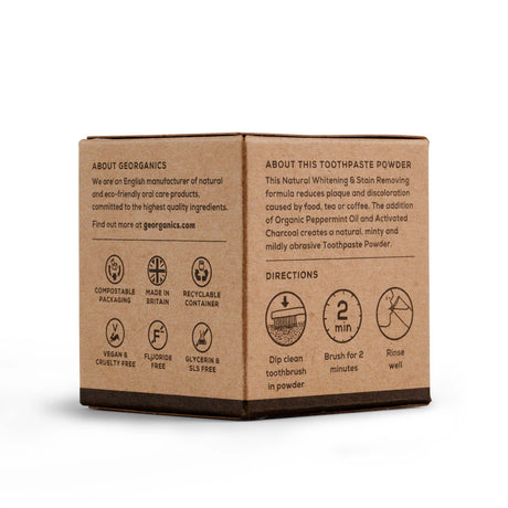 Georganics Natural Organic Toothpaste Powder - Activated Charcoal, eco friendly packaging, side and back view
