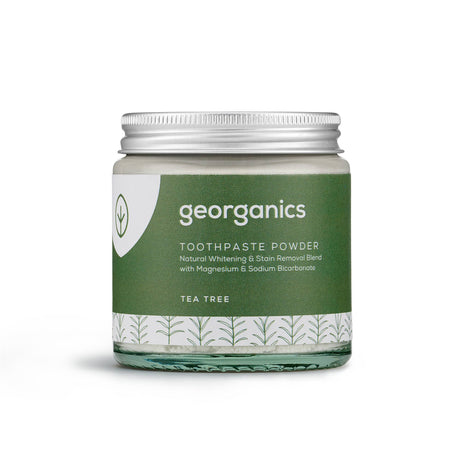 Georganics Natural Whitening Toothpaste Powder - Tea Tree, eco friendly jar, front side