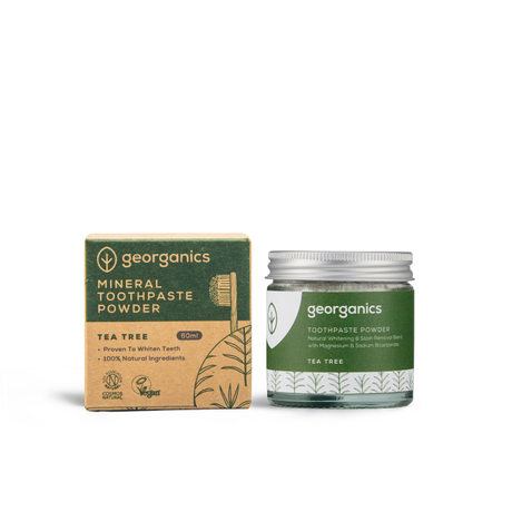 Georganics Natural Whitening Toothpaste Powder - Tea Tree, eco friendly packaging