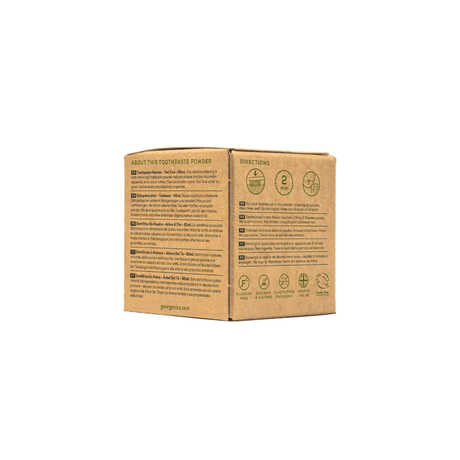Georganics Natural Whitening Toothpaste Powder - Tea Tree, eco friendly packaging, back and side view