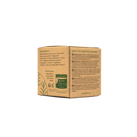 Georganics Natural Whitening Toothpaste Powder - Tea Tree, eco friendly packaging, back and side view 2