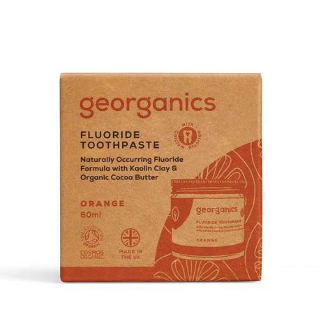 Georganics Natural and Organic Fluoride Toothpaste - Orange, eco friendly packaging box, front side