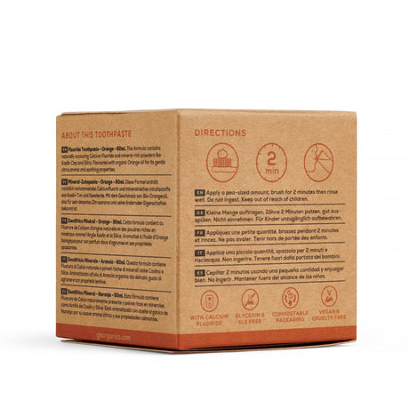 Georganics Natural and Organic Fluoride Toothpaste - Orange, eco friendly packaging box, side and back