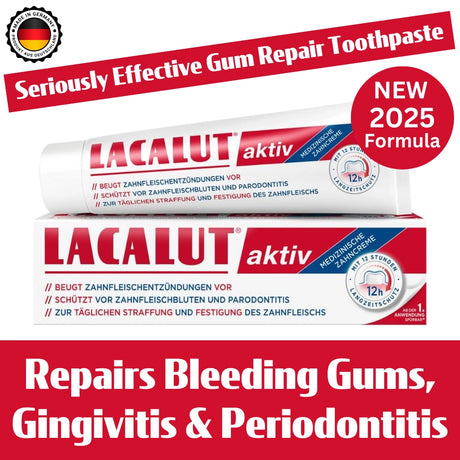 Lacalut aktiv toothpaste tubes with promotional text on a white background