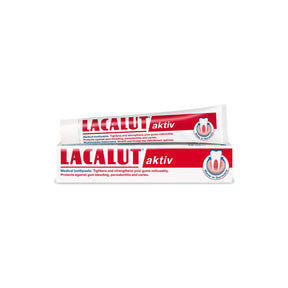 Two Lacalut aktiv toothpaste tubes on a white background