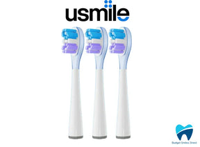 Three white electric toothbrush heads with blue bristles on a white background, featuring the Usmile brand.