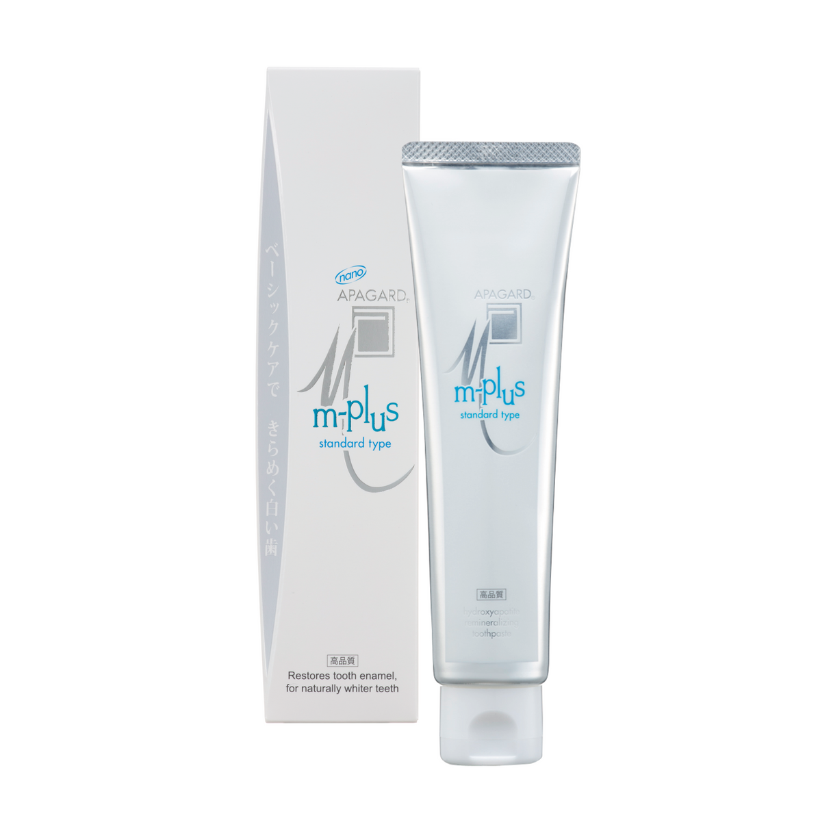 Tube and packaging of apagard m-plus toothpaste on a white background