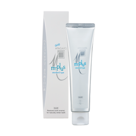 Tube and packaging of apagard m-plus toothpaste on a white background