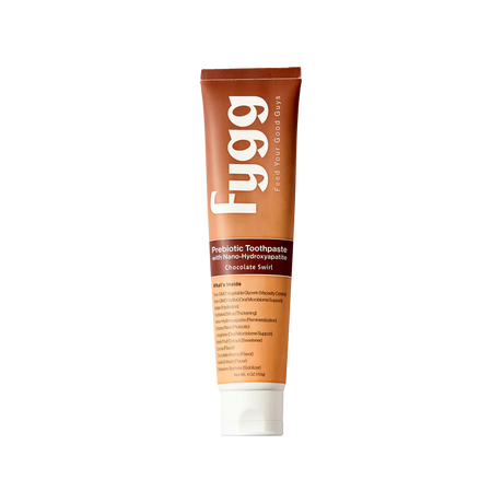 Fygg chocolate swirl probiotic toothpaste tube on a white background