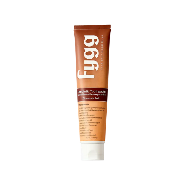 Fygg chocolate swirl probiotic toothpaste tube on a white background